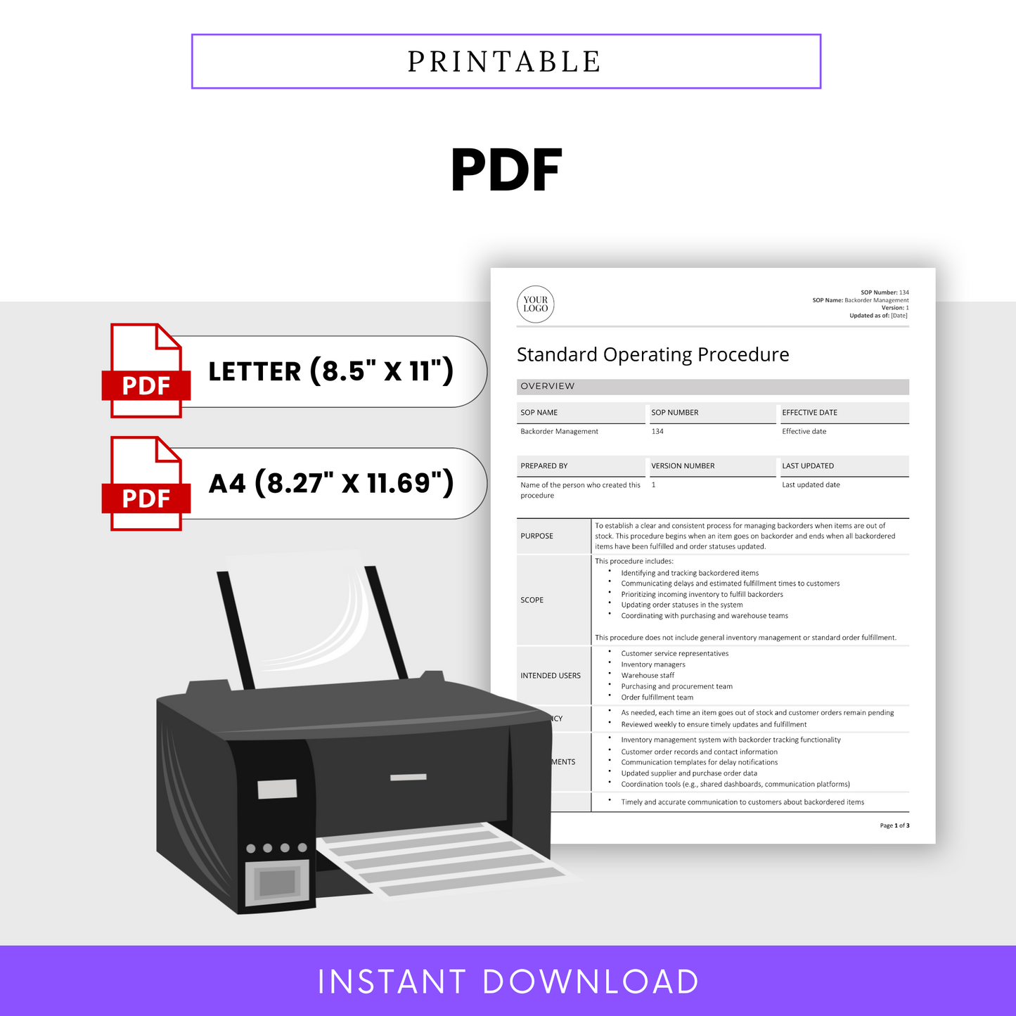 Backorder Management SOP Template available in PDF format. Includes US Letter (8.5 x 11 in) and A4 (8.27 x 11.69 in) sizes. Easy-to-print SOP for inventory management and operations. Instant digital download for business use.