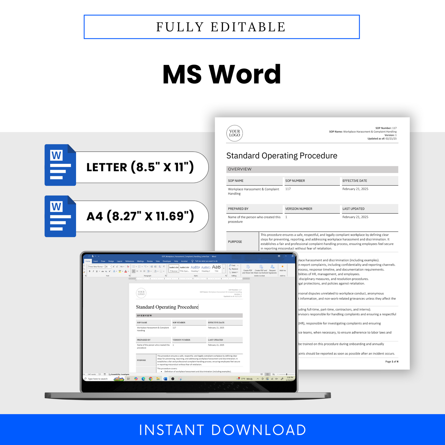 Workplace Harassment & Complaint Handling SOP template in fully editable MS Word doc format. Available in Letter (8.5” x 11”) and A4 (8.27” x 11.69”) sizes. Features a document preview displayed on a laptop screen, emphasizing easy customization. Includes Microsoft Word icons and an 'Instant Download' banner.