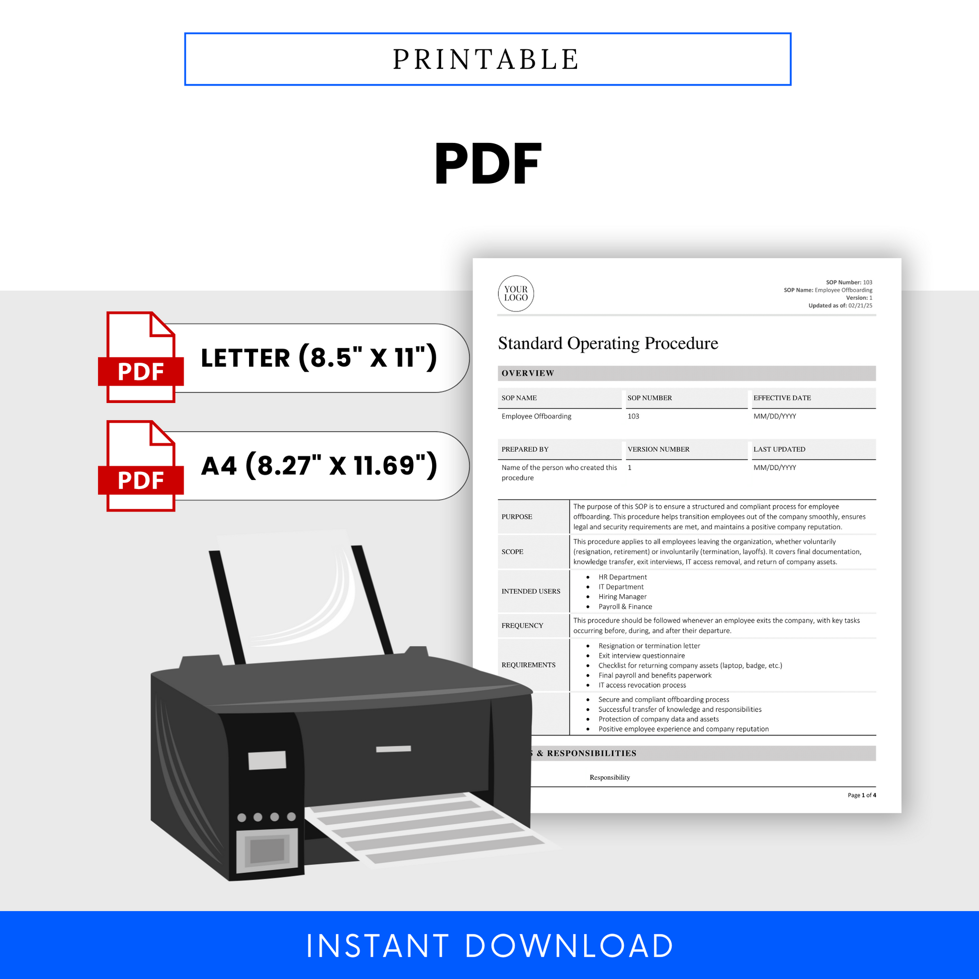Visual of the SOP template being printed, illustrating instant download availability in PDF format, compatible with both US Letter and A4 paper sizes.