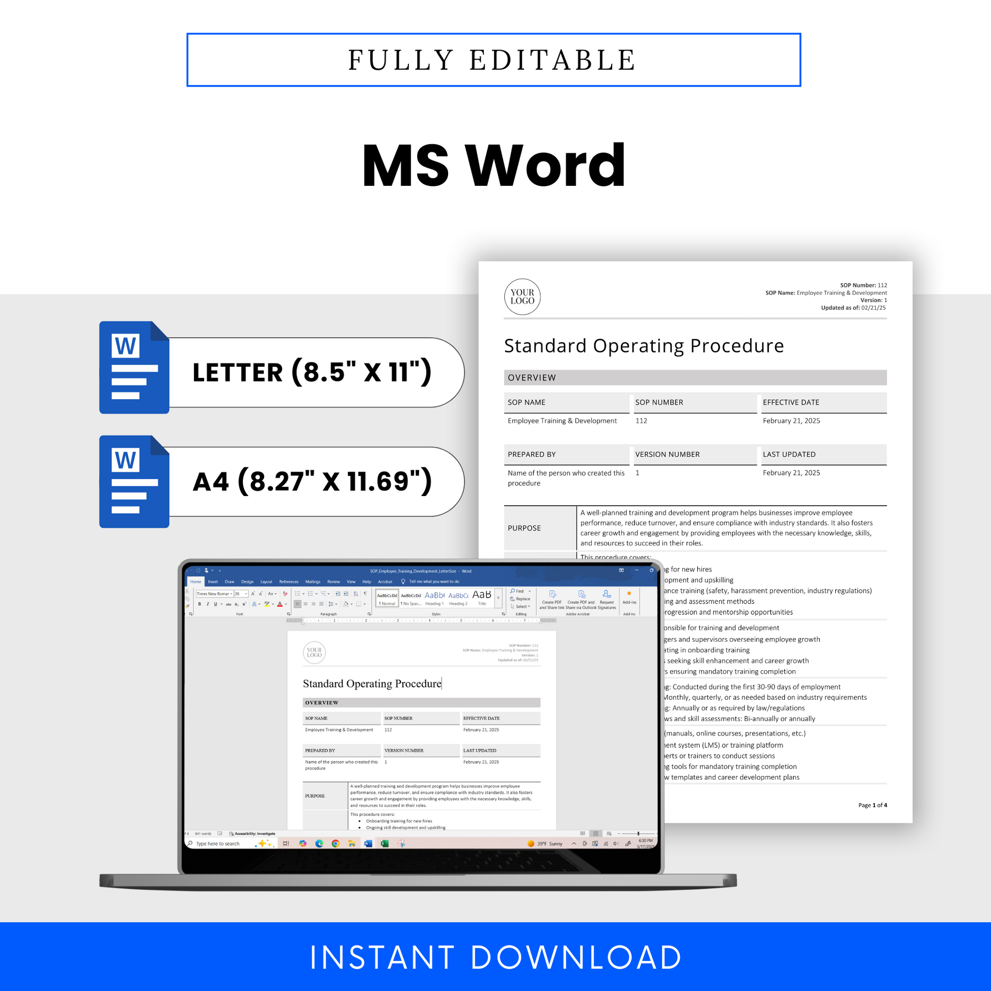 Employee Training & Development SOP template in fully editable MS Word doc format. Available in Letter (8.5” x 11”) and A4 (8.27” x 11.69”) sizes. Features a document preview displayed on a laptop screen, emphasizing easy customization. Includes Microsoft Word icons and an 'Instant Download' banner.