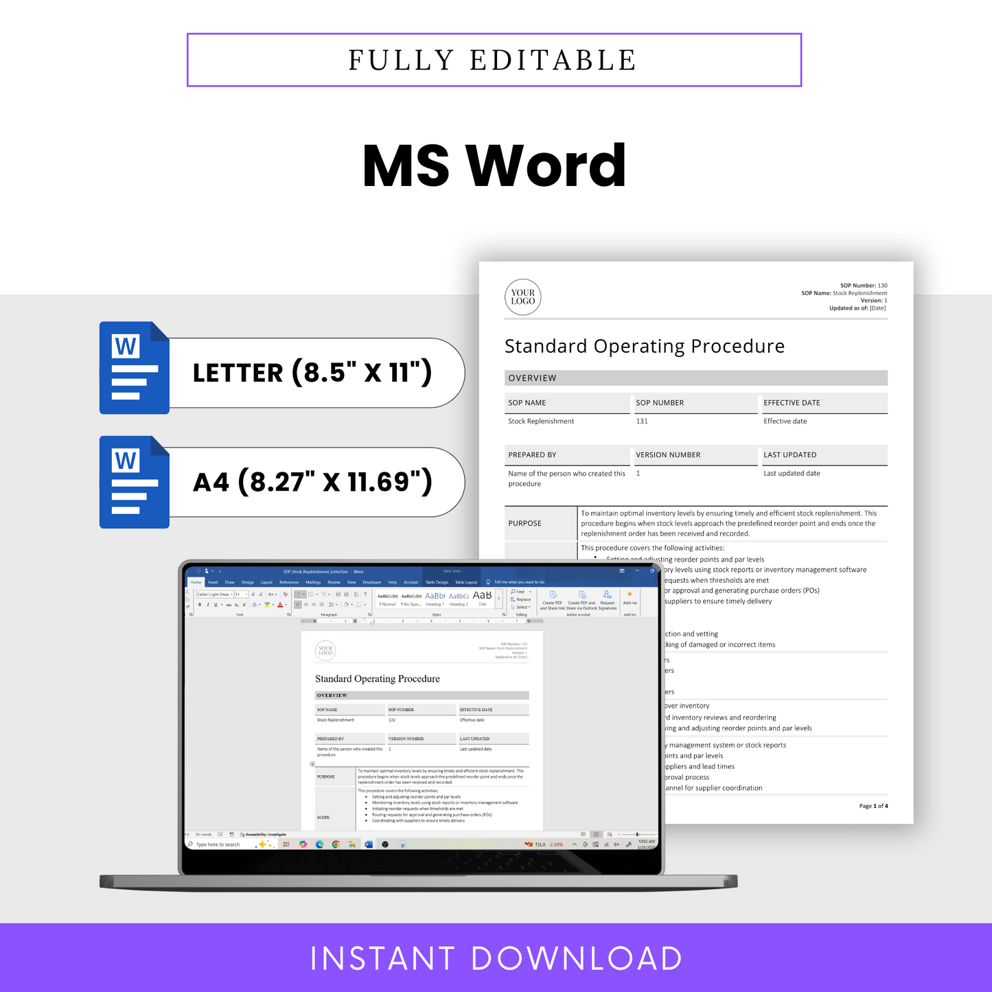 Stock Replenishment SOP Template available in fully editable Microsoft Word format. Includes both US Letter (8.5 x 11 in) and A4 (8.27 x 11.69 in) sizes. Instant download for small business operations and inventory teams.