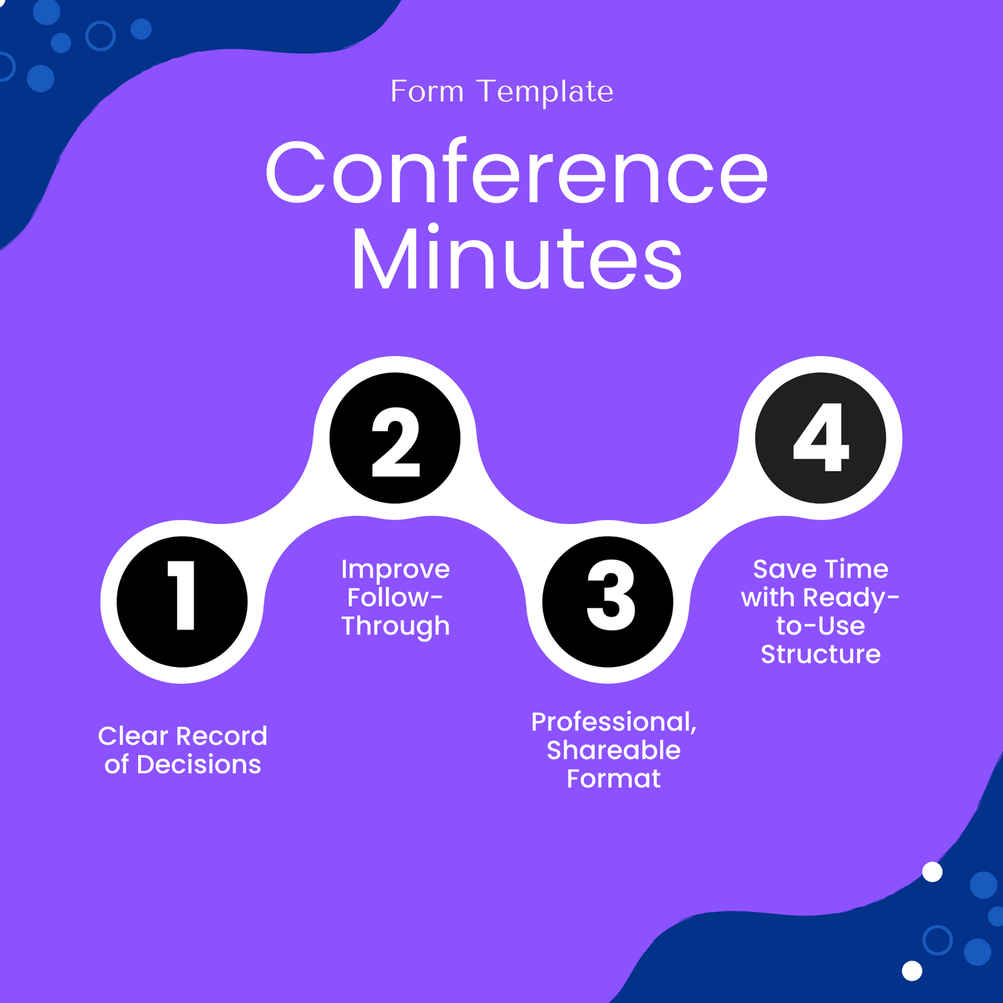 Visual showing four key benefits of using the Conference Minutes Template: 1) Clear record of decisions, 2) Improve follow-through, 3) Professional, shareable format, and 4) Save time with ready-to-use structure. Purple background with curved connectors and bold numbered icons.