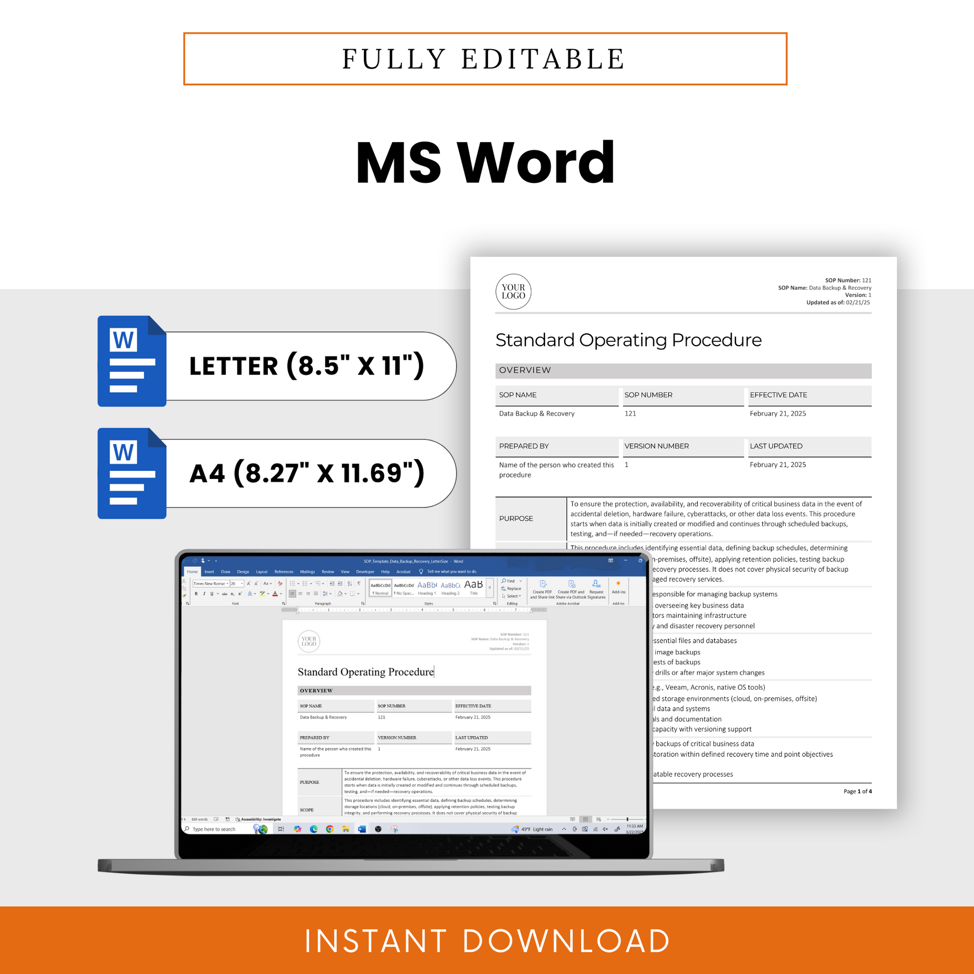 Simple SOP template in fully editable MS Word doc format for Data Backup & Recovery. Available in Letter (8.5” x 11”) and A4 (8.27” x 11.69”) sizes. Features a document preview displayed on a laptop screen, emphasizing easy customization. Includes Microsoft Word icons and an 'Instant Download' banner.