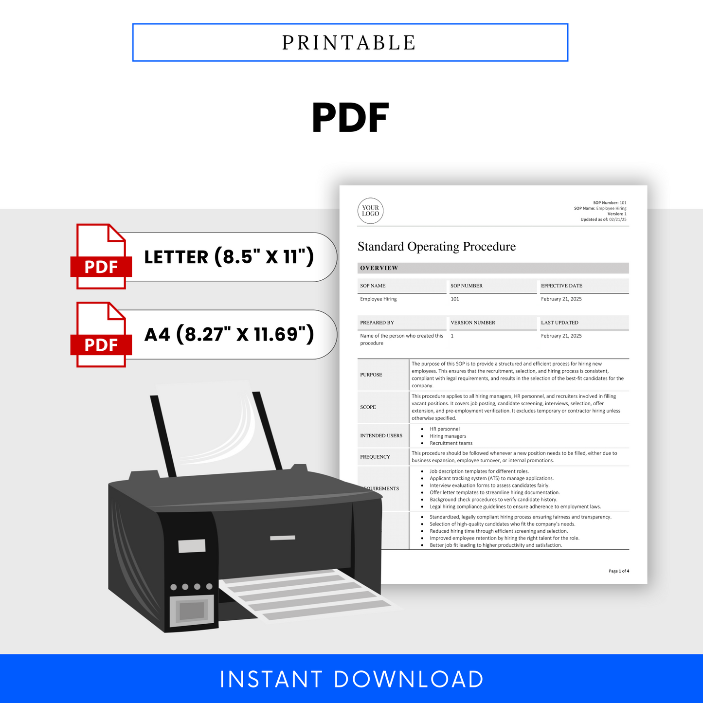 Visual showing the SOP template being printed, with clear indicators for Letter (8.5” x 11”) and A4 (8.27” x 11.69”) formats available as downloadable PDF files.