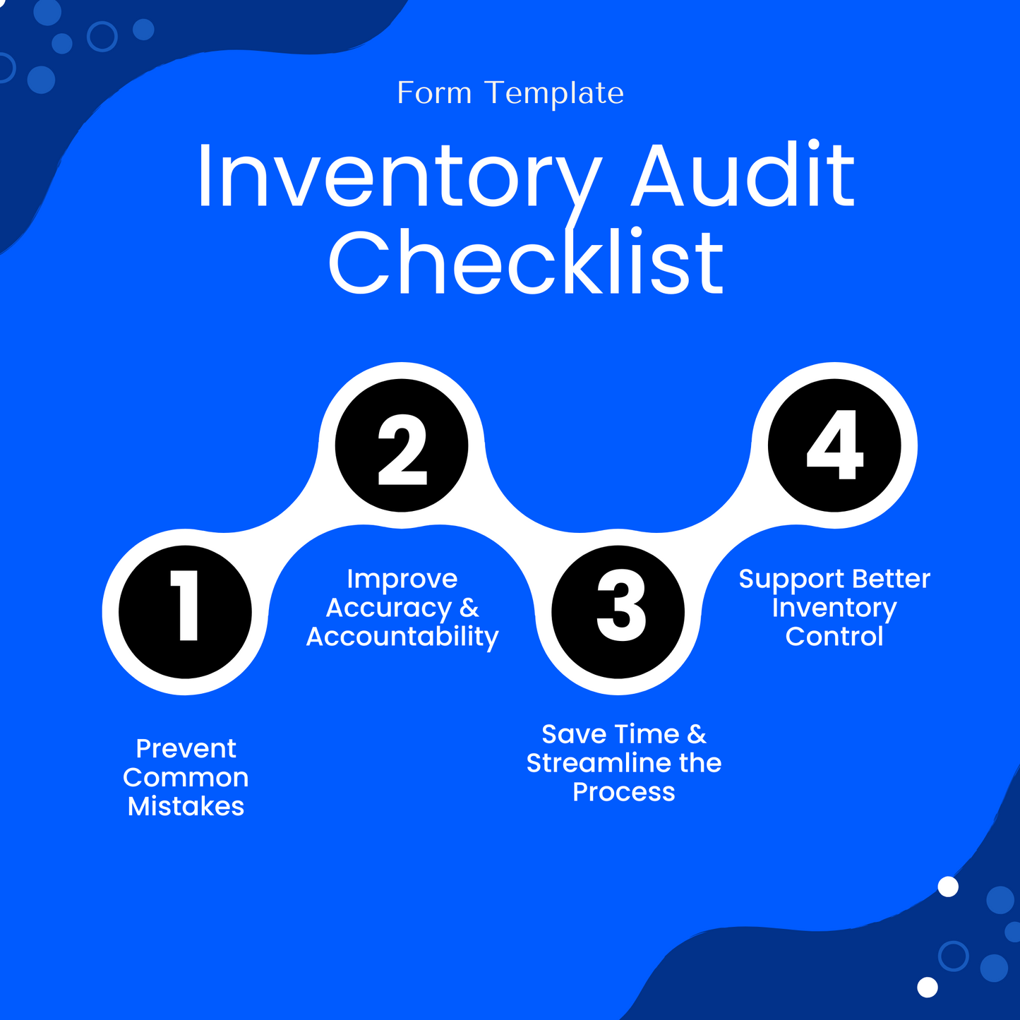 Graphic showing four benefits of using the Inventory Audit Checklist: prevent mistakes, improve accuracy, save time, and support better inventory control. Retailers, warehouses, e-commerce businesses, manufacturers, logistics companies, restaurants, medical offices, and any product-based business that manages physical inventory would benefit from using this template.