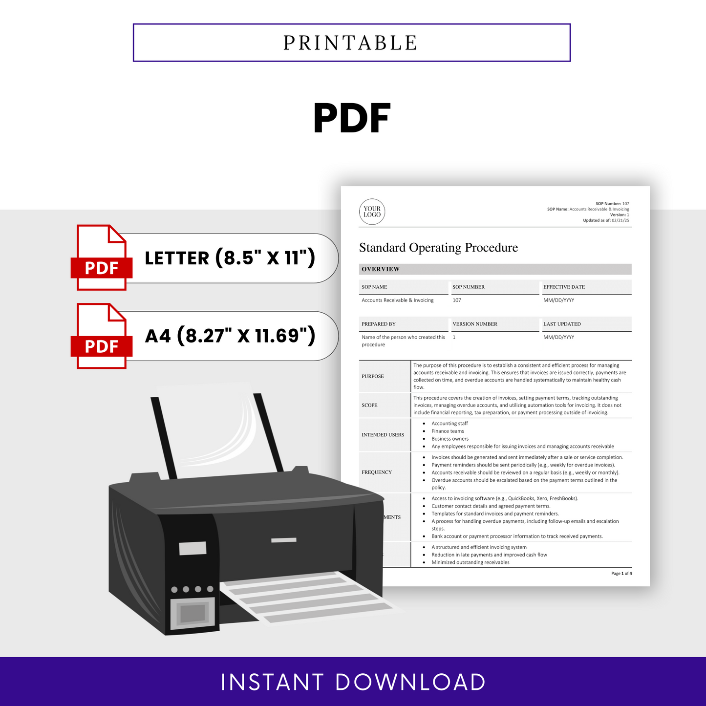 Printable version of the SOP shown with a printer and PDF icons, highlighting easy printability in two standard sizes