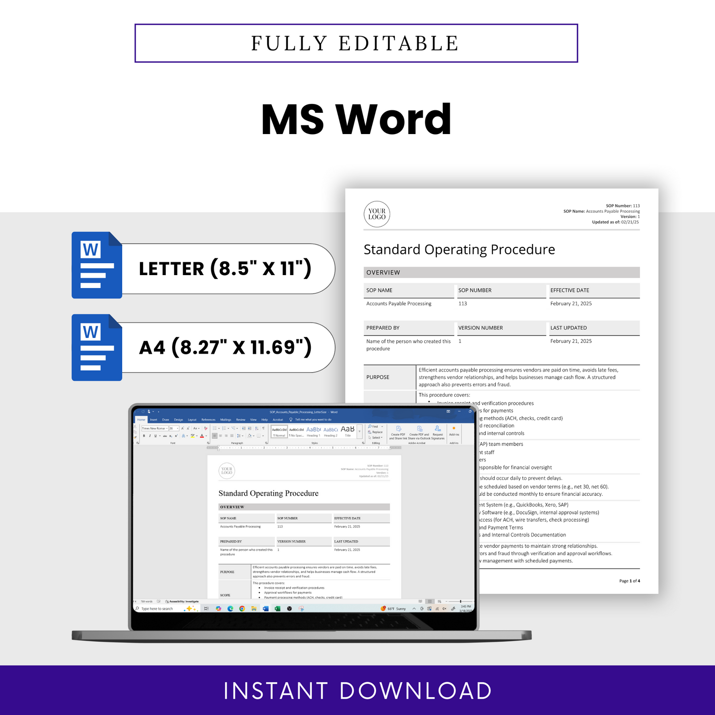 Accounts Payable Processing SOP template in fully editable MS Word doc format. Available in Letter (8.5” x 11”) and A4 (8.27” x 11.69”) sizes. Features a document preview displayed on a laptop screen, emphasizing easy customization. Includes Microsoft Word icons and an 'Instant Download' banner.