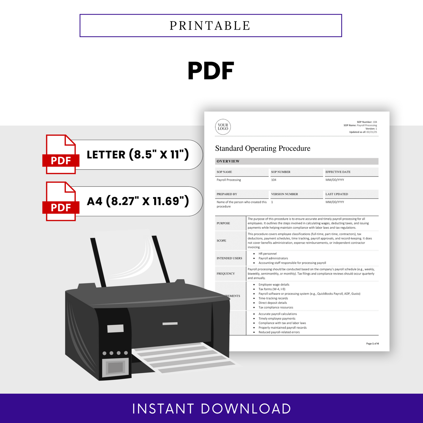 Illustration of the SOP being printed with icons for PDF downloads in A4 and US Letter sizes, emphasizing the template's print-ready formatting.
