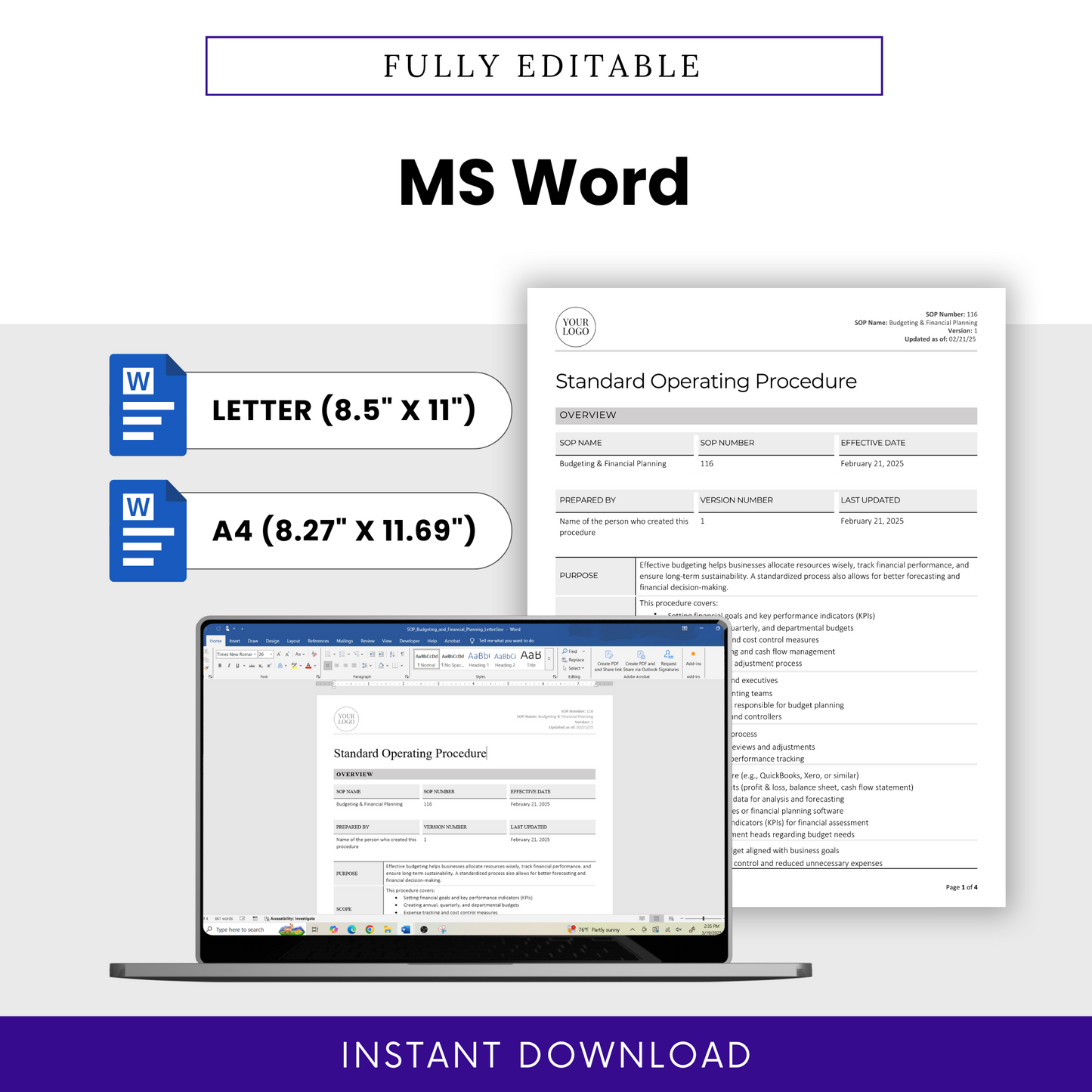Budgeting & Financial Planning SOP template in fully editable MS Word doc format. Available in Letter (8.5” x 11”) and A4 (8.27” x 11.69”) sizes. Features a document preview displayed on a laptop screen, emphasizing easy customization. Includes Microsoft Word icons and an 'Instant Download' banner.
