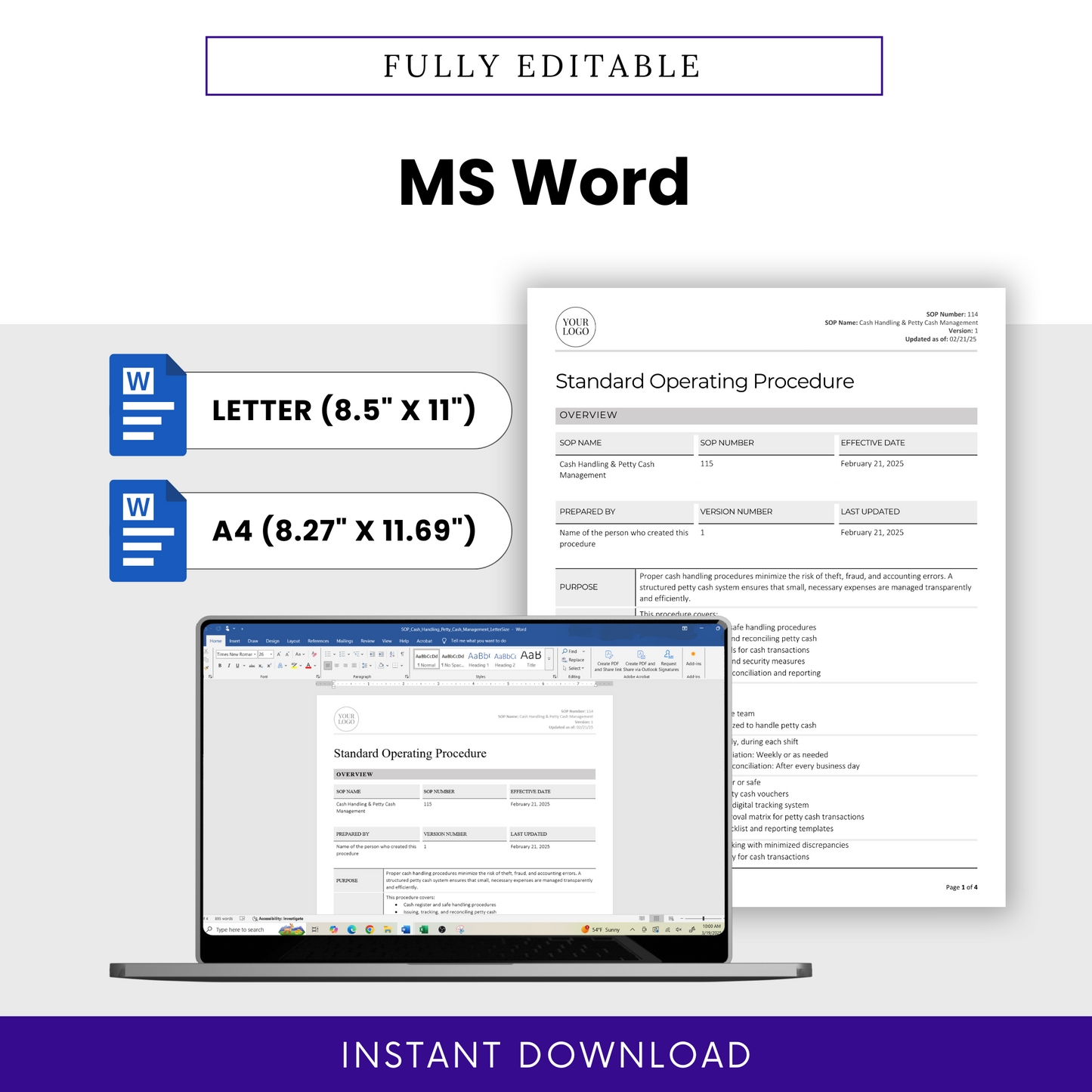 Cash Handling & Petty Cash Management SOP template in fully editable MS Word doc format. Available in Letter (8.5” x 11”) and A4 (8.27” x 11.69”) sizes. Features a document preview displayed on a laptop screen, emphasizing easy customization. Includes Microsoft Word icons and an 'Instant Download' banner.