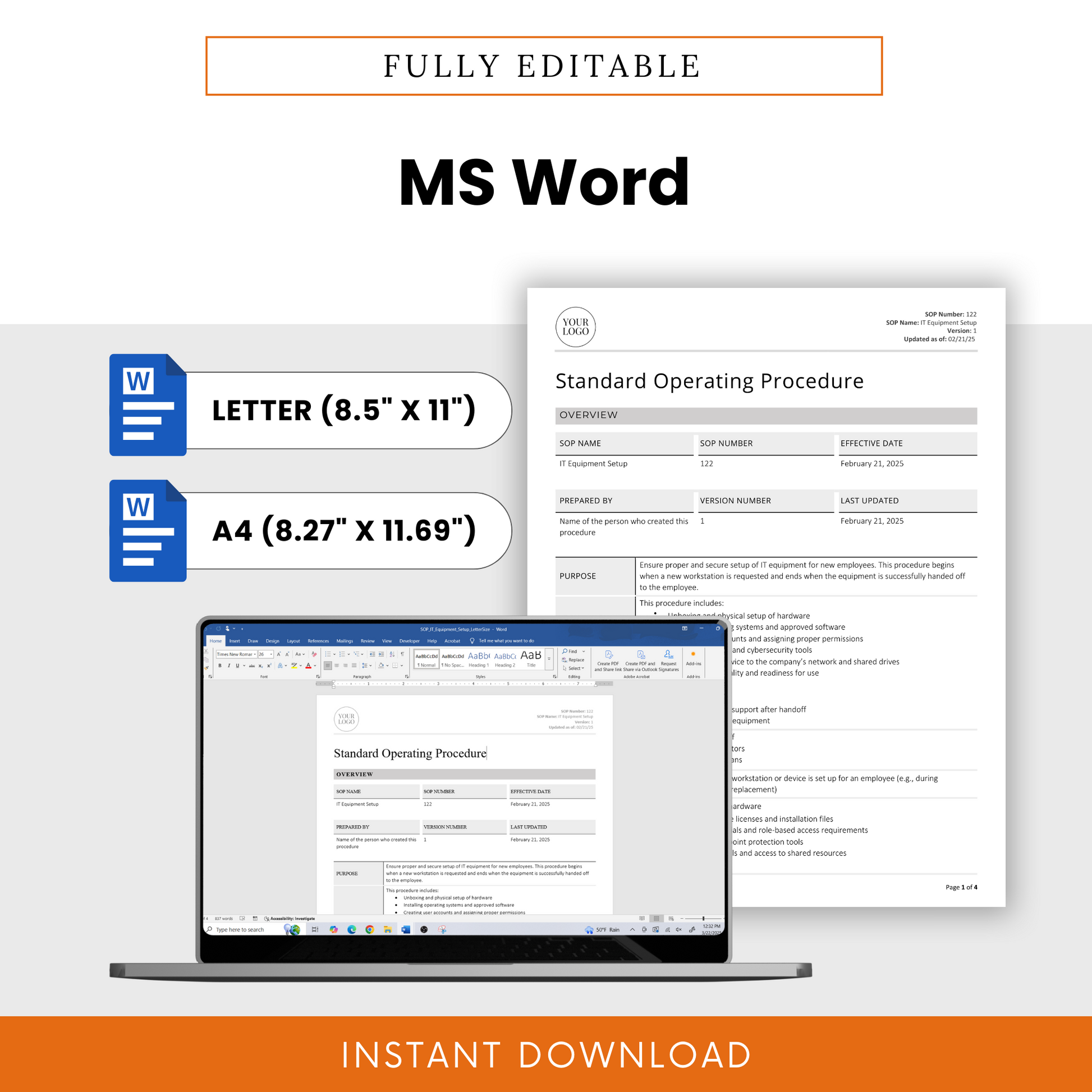 Simple SOP template in fully editable MS Word doc format for IT Equipment Setup. Available in Letter (8.5” x 11”) and A4 (8.27” x 11.69”) sizes. Features a document preview displayed on a laptop screen, emphasizing easy customization. Includes Microsoft Word icons and an 'Instant Download' banner.