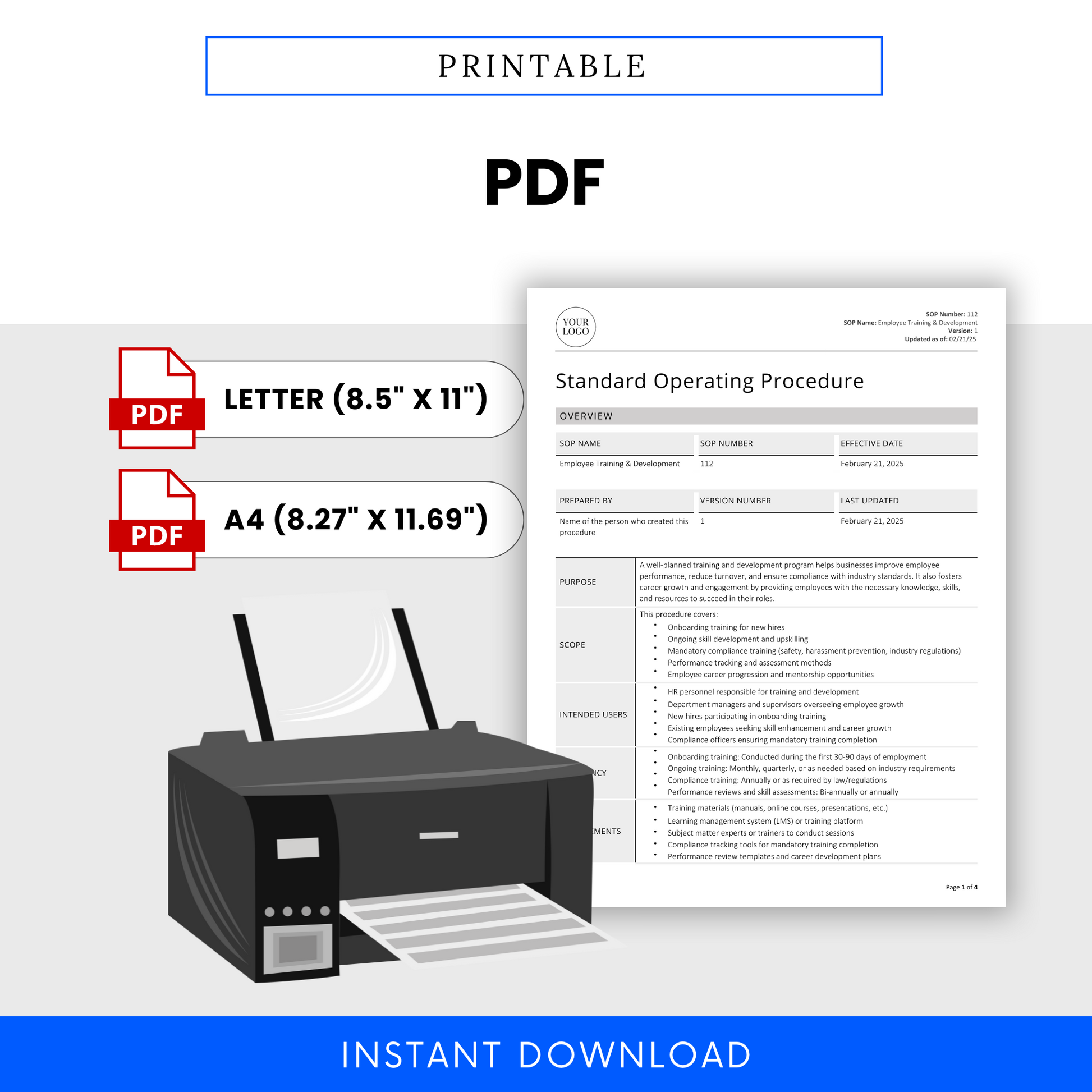 Employee Training & Development SOP template in printable PDF format. Available in Letter (8.5” x 11”) and A4 (8.27” x 11.69”) sizes. Features a document preview alongside a printer illustration, emphasizing ease of printing. Includes PDF icons and an 'Instant Download' banner.