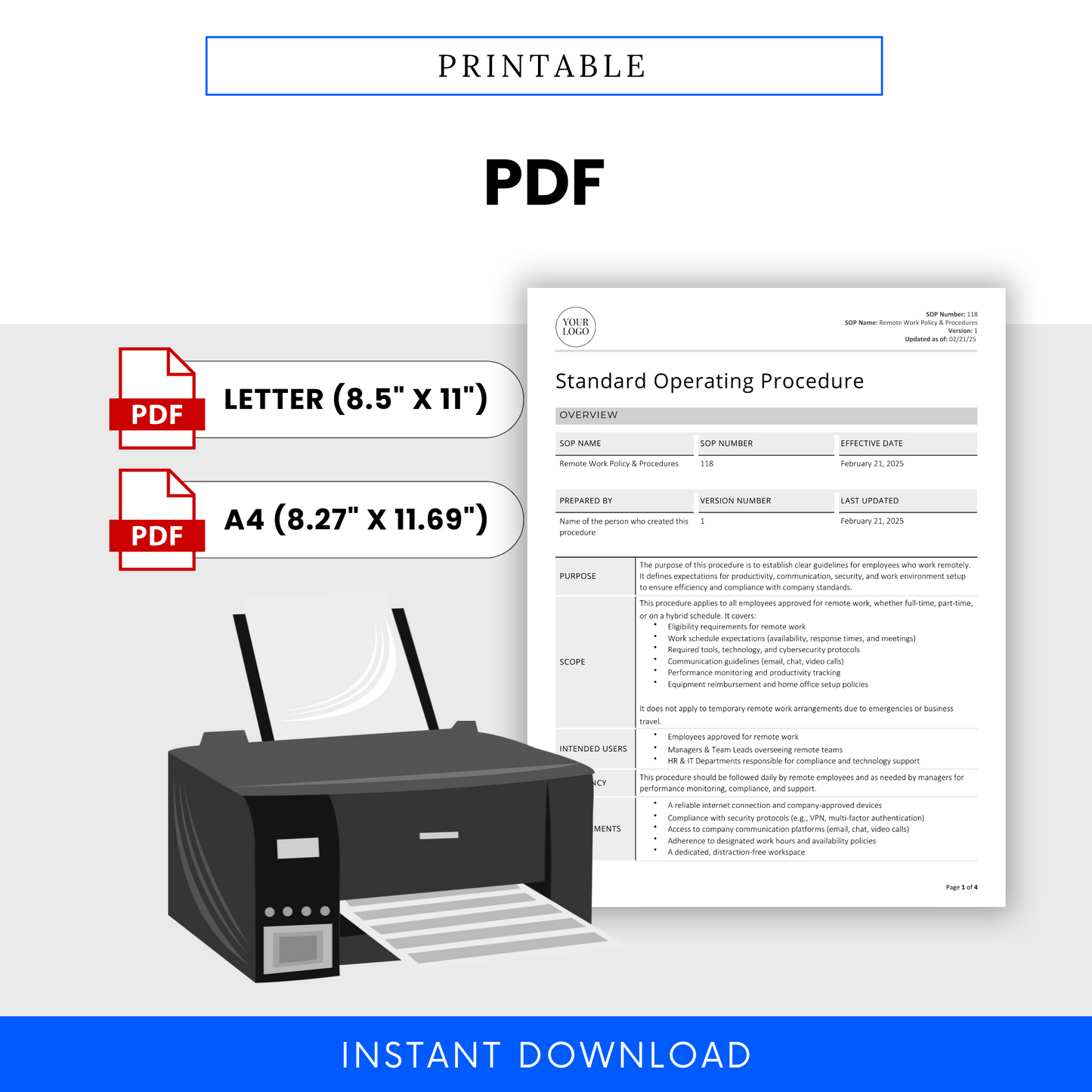Remote Work Policy & Procedures SOP template in printable PDF format. Available in Letter (8.5” x 11”) and A4 (8.27” x 11.69”) sizes. Features a document preview alongside a printer illustration, emphasizing ease of printing. Includes PDF icons and an 'Instant Download' banner.