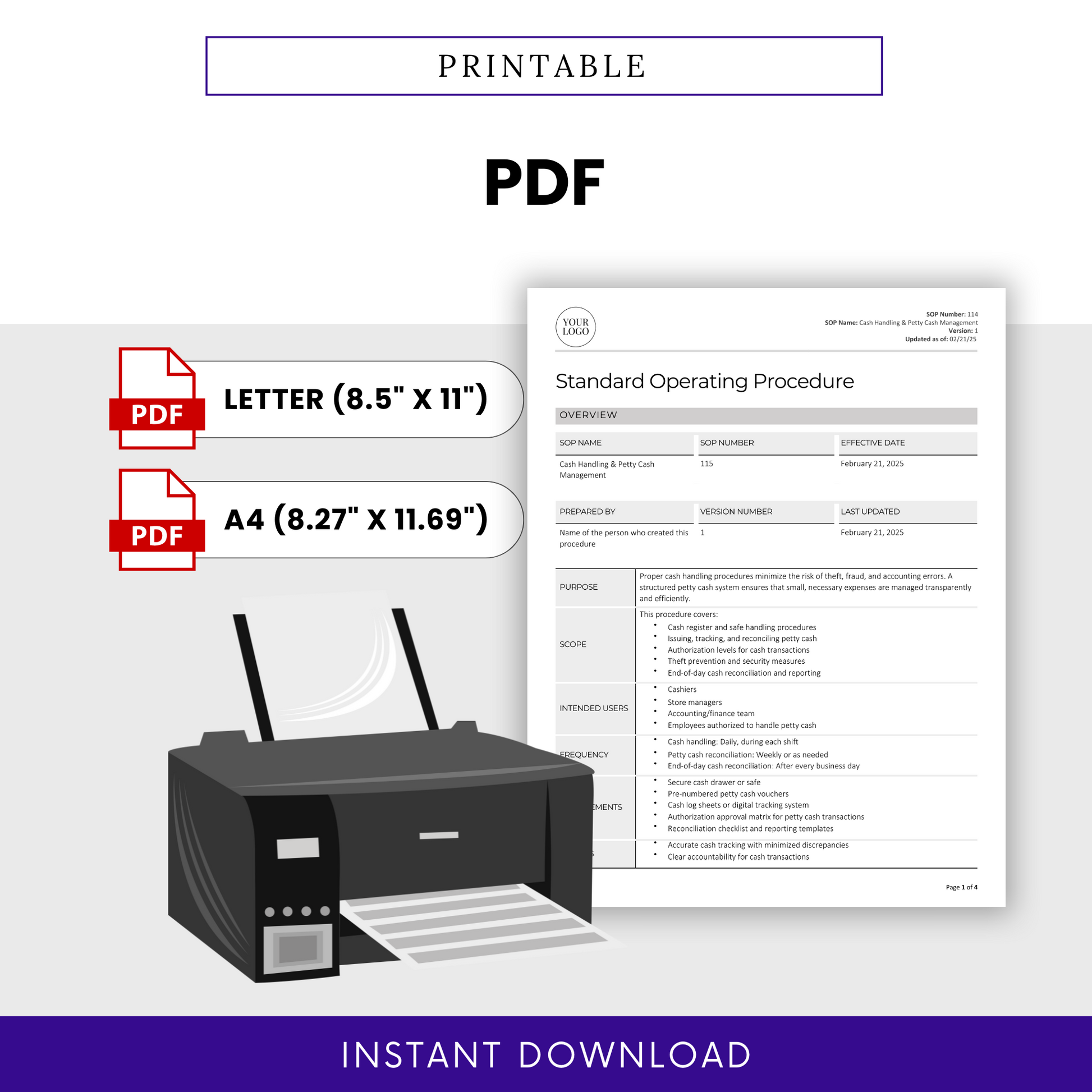 Cash Handling & Petty Cash Management SOP template in printable PDF format. Available in Letter (8.5” x 11”) and A4 (8.27” x 11.69”) sizes. Features a document preview alongside a printer illustration, emphasizing ease of printing. Includes PDF icons and an 'Instant Download' banner.