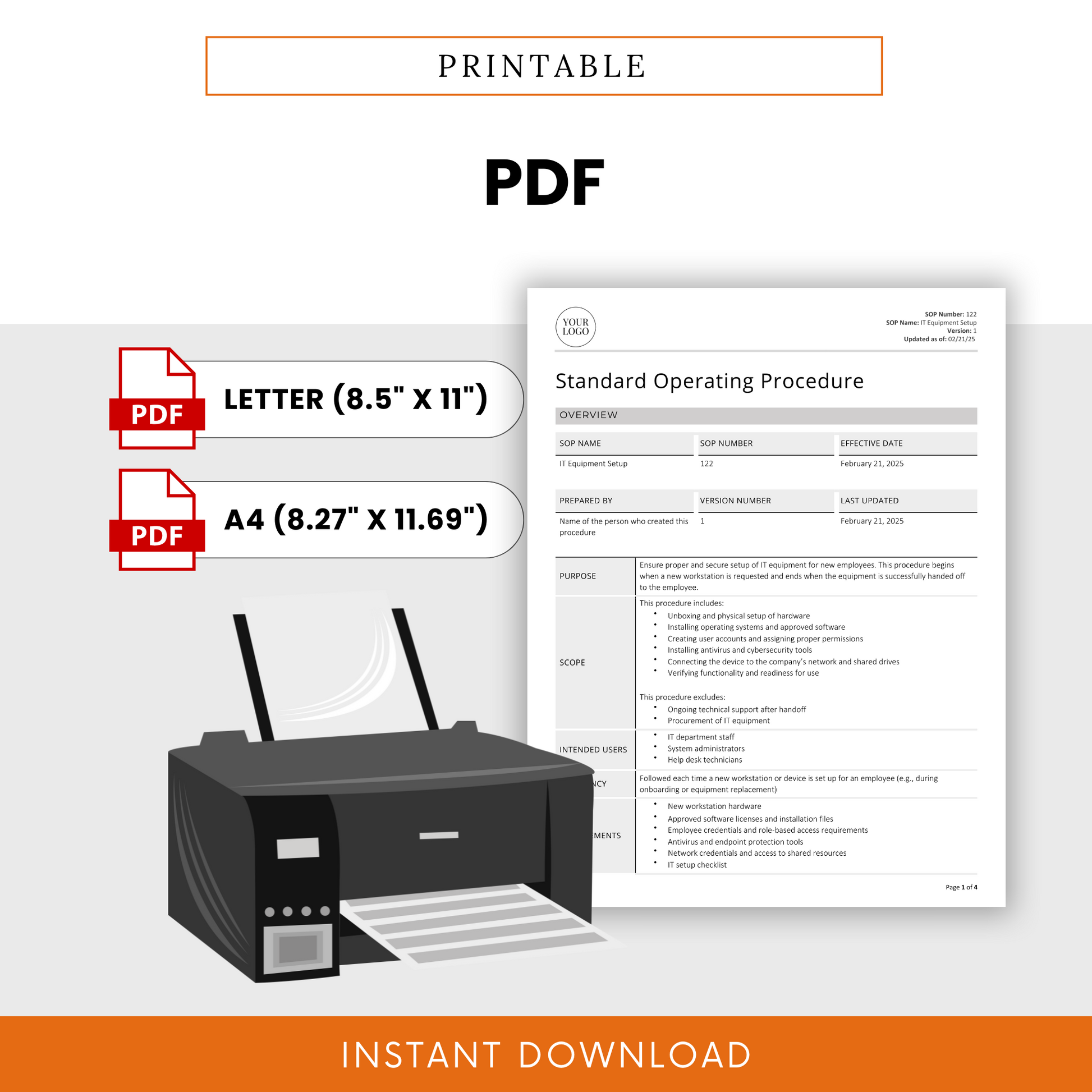 Simple SOP template in printable PDF format for It Equipment Setup. Available in Letter (8.5” x 11”) and A4 (8.27” x 11.69”) sizes. Features a document preview alongside a printer illustration, emphasizing ease of printing. Includes PDF icons and an 'Instant Download' banner.