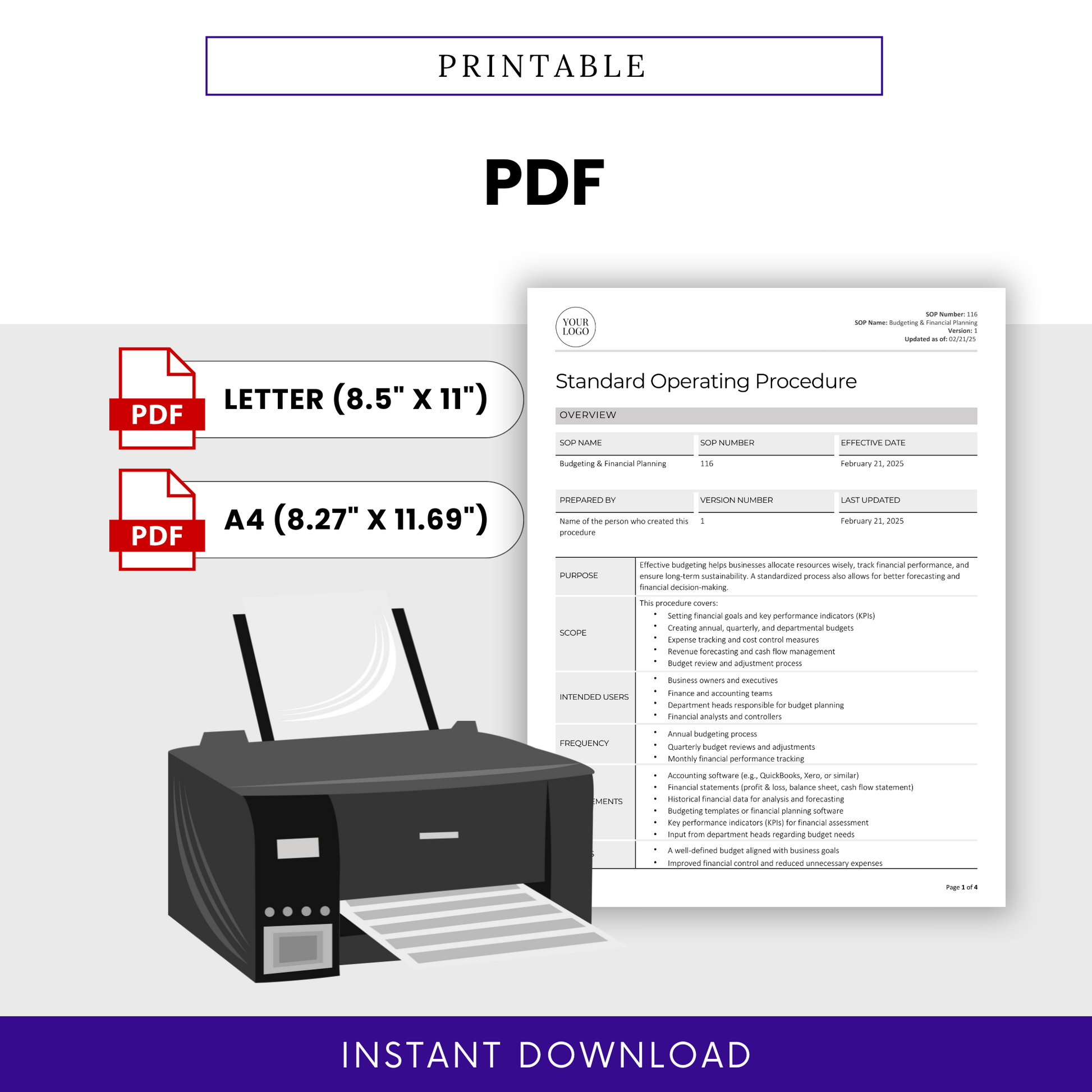 Budgeting & Financial Planning SOP template in printable PDF format. Available in Letter (8.5” x 11”) and A4 (8.27” x 11.69”) sizes. Features a document preview alongside a printer illustration, emphasizing ease of printing. Includes PDF icons and an 'Instant Download' banner.