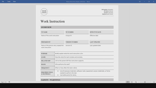 Simple Work Instruction Template (Word, PDF) | Simple WI Template | Human Resources Business Document, Process Document, Operations Guide