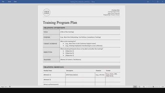 Training Program Planning Template (MS Word, PDF), Employee Training Plan, Employee Training Template, Training Outline, Leadership Workshop