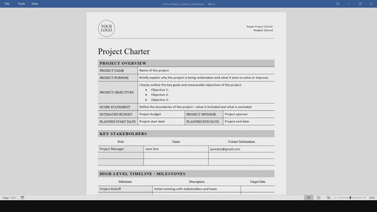 Simple Project Charter Template (Word, PDF)